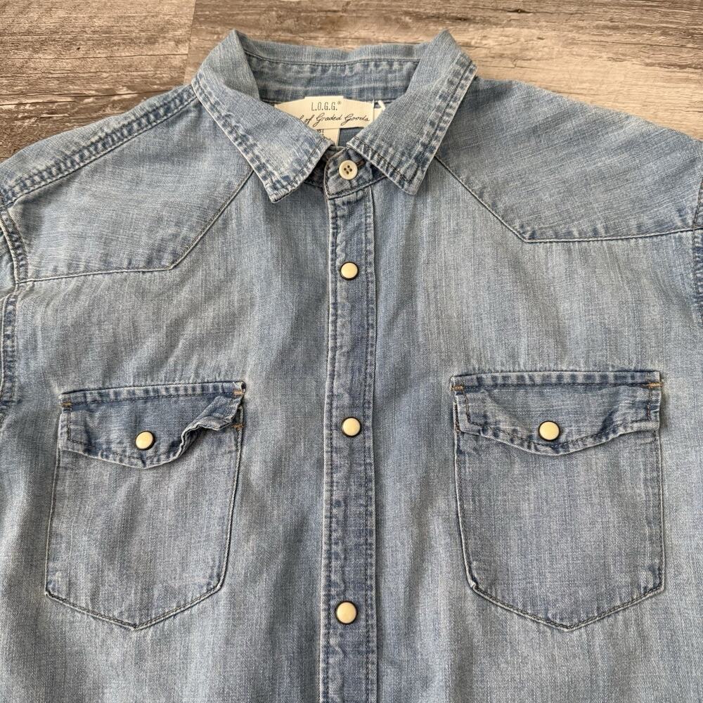 L.O.G.G. Denim Shirt Mens Large Blue Western Pearl Snap Pockets Long Sleeve H&M